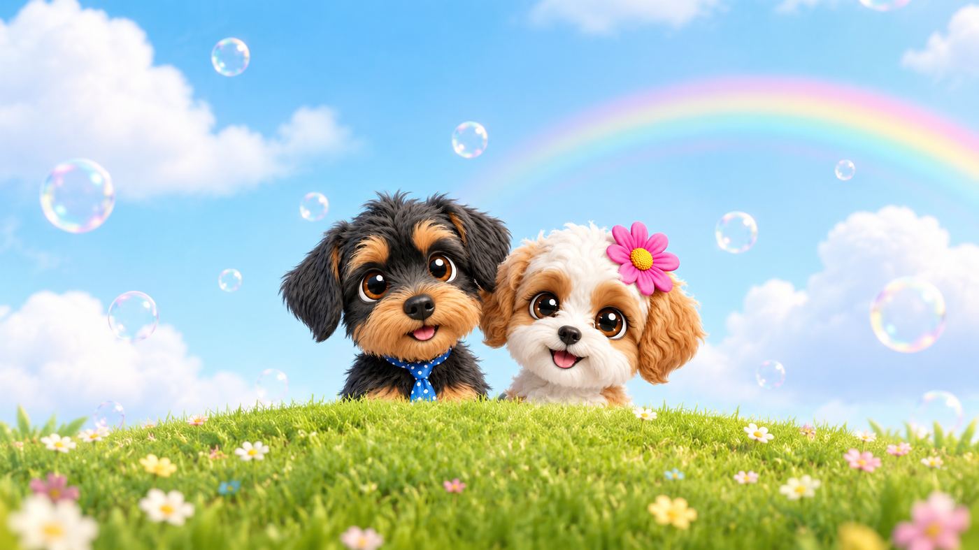 Baby Marco and Baby Ellie, two fluffy puppies, peeking over a grassy hill under a rainbow